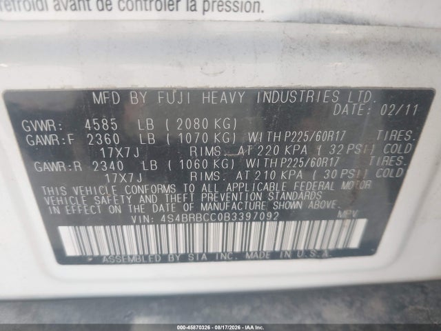 45870326 :رقم المزاد ، 4S4BRBCC0B3397092 vin ، 2011 Subaru Outback 2.5i Premium مزاد بيع