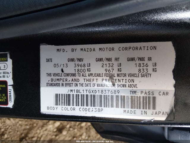 45870330 :رقم المزاد ، JM1BL1TGXD1837689 vin ، 2013 Mazda Mazda3 I Sv مزاد بيع