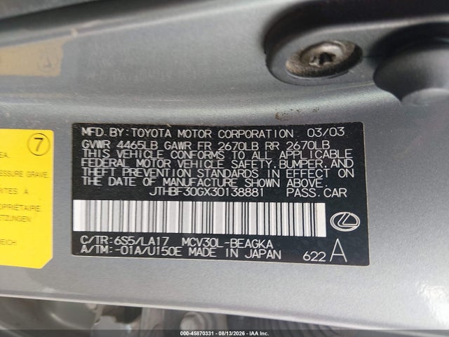 Aukcja sprzedaży 2003 Lexus Es 300, vin: JTHBF30GX30138881, numer aukcji: 45870331