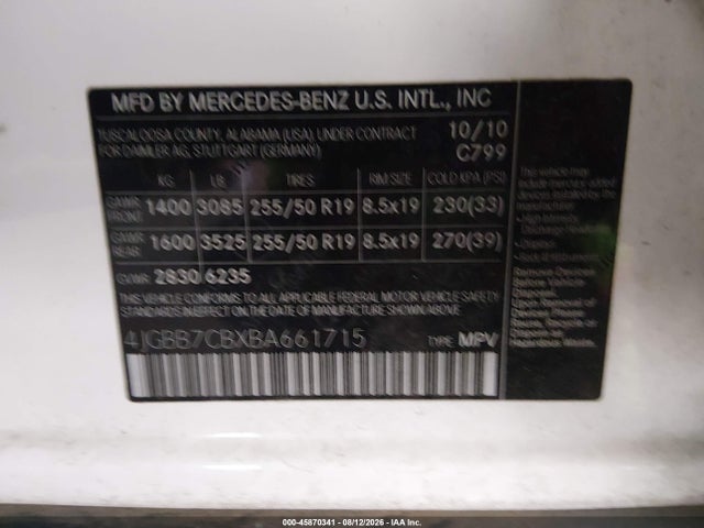 Aukcja sprzedaży 2011 Mercedes-benz Ml 550 4matic, vin: 4JGBB7CBXBA661715, numer aukcji: 45870341