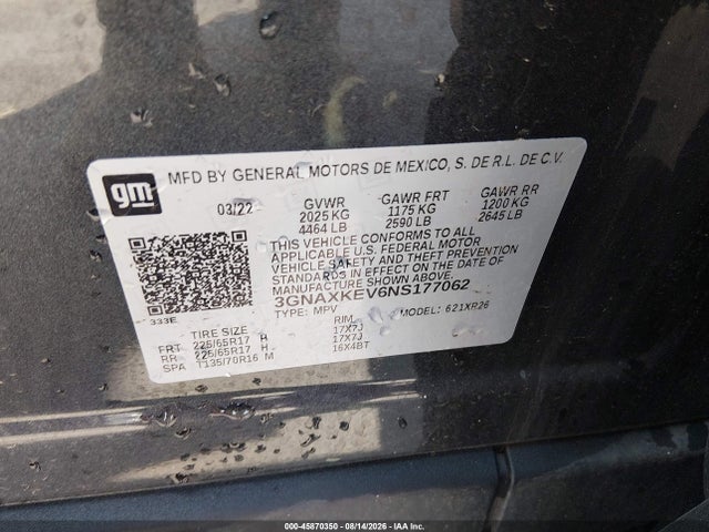 45870350 :رقم المزاد ، 3GNAXKEV6NS177062 vin ، 2022 Chevrolet Equinox Fwd Lt مزاد بيع
