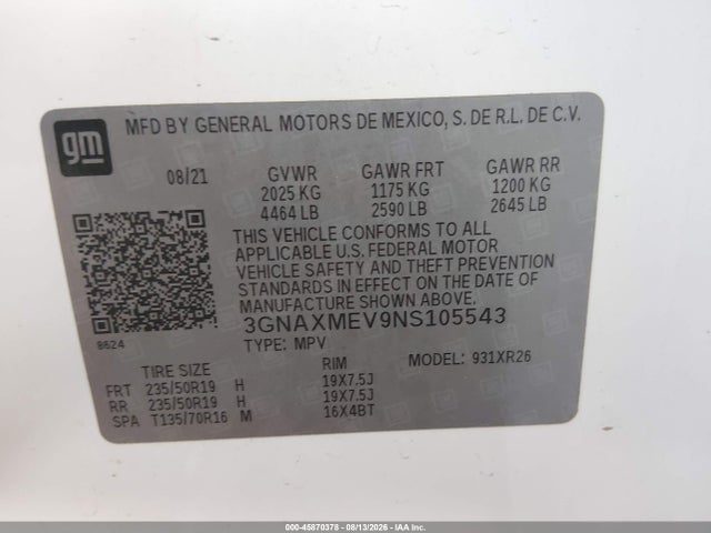 Продажа на аукционе авто 2022 Chevrolet Equinox Fwd Rs, vin: 3GNAXMEV9NS105543, номер лота: 45870378