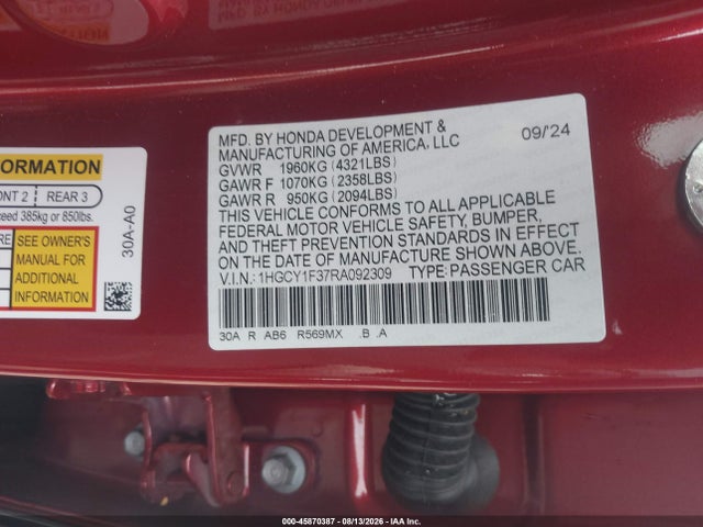 Honda ACCORD EX 2024 1HGCY1F37RA092309 Image 9