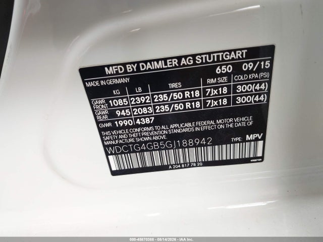 WDCTG4GB5GJ188942 Mercedes-Benz Gla 250 4matic