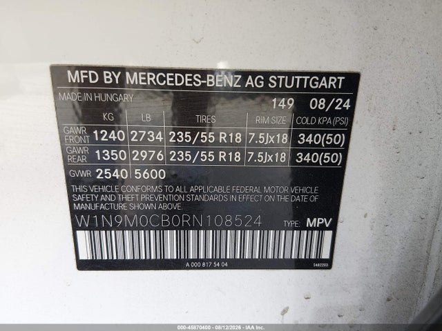 Продаж на аукціоні авто 2024 Mercedes-benz Eqb 250 Suv, vin: W1N9M0CB0RN108524, номер лоту: 45870400