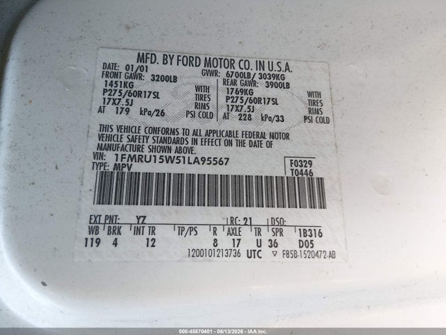 Продаж на аукціоні авто 2001 Ford Expedition Xlt, vin: 1FMRU15W51LA95567, номер лоту: 45870401