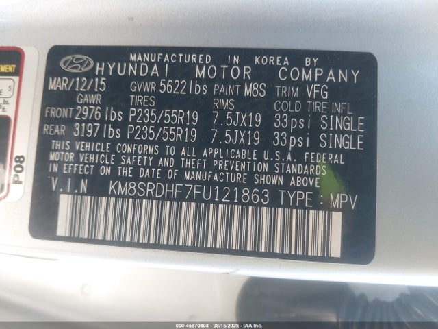 KM8SRDHF7FU121863 Hyundai Santa Fe Gls