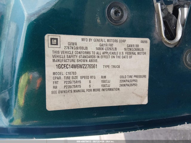 1998 Chevrolet C/k 1500 Fleetside Cmi მანქანა იყიდება აუქციონზე, vin: 1GCEC14W6WZ276561, აუქციონის ნომერი: 45870413
