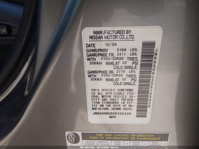 Aukcja sprzedaży 2005 Infiniti Fx35, vin: JNRAS08U35X102428, numer aukcji: 45870420