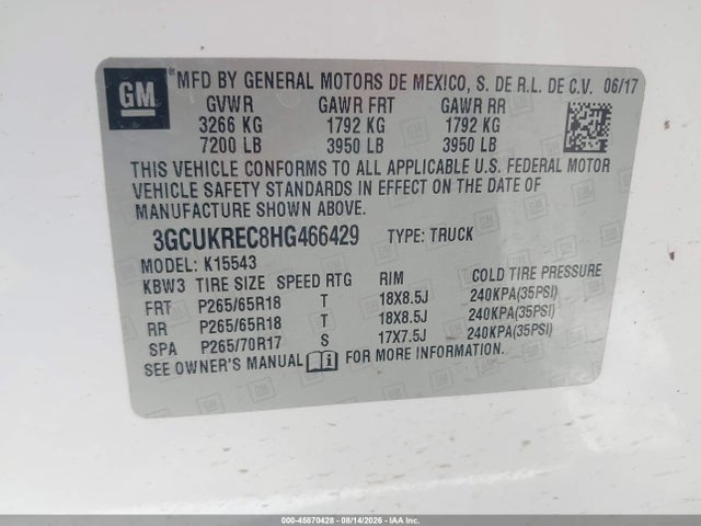 Продаж на аукціоні авто 2017 Chevrolet Silverado 1500 Lt, vin: 3GCUKREC8HG466429, номер лоту: 45870428
