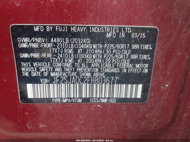 Продаж на аукціоні авто 2015 Subaru Forester 2.5i Premium, vin: JF2SJADC2FH803677, номер лоту: 45870435