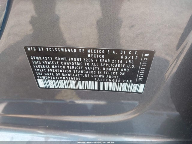 2013 Volkswagen Jetta 2.5l Se მანქანა იყიდება აუქციონზე, vin: 3VWDP7AJ2DM380505, აუქციონის ნომერი: 45870440