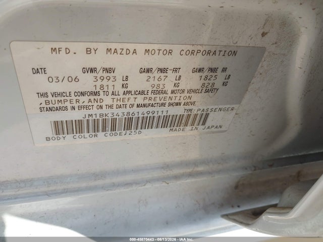 2006 Mazda Mazda3 S Touring მანქანა იყიდება აუქციონზე, vin: JM1BK343861499111, აუქციონის ნომერი: 45870443