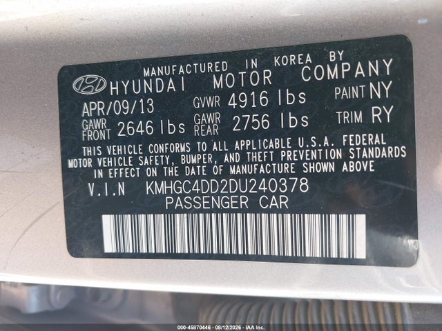 45870446 :رقم المزاد ، KMHGC4DD2DU240378 vin ، 2013 Hyundai Genesis 3.8 مزاد بيع