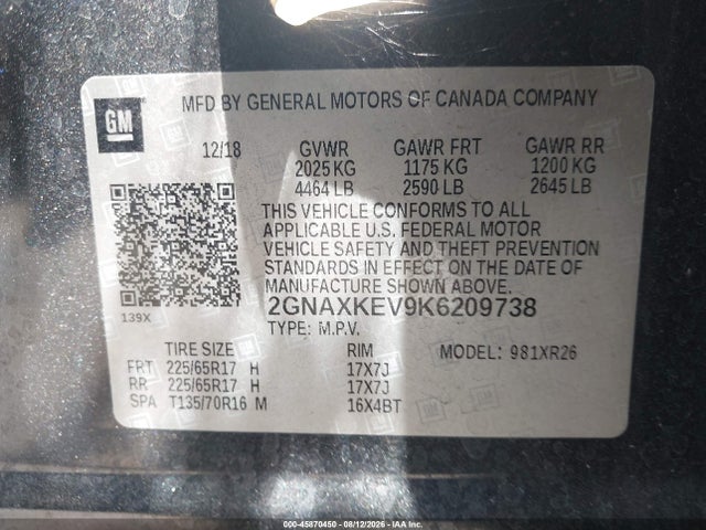 Chevrolet EQUINOX LT 2019 2GNAXKEV9K6209738 Image 9