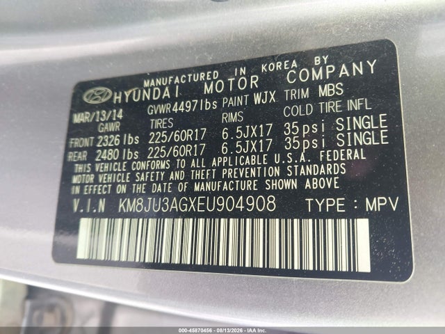 2014 Hyundai Tucson Se მანქანა იყიდება აუქციონზე, vin: KM8JU3AGXEU904908, აუქციონის ნომერი: 45870456