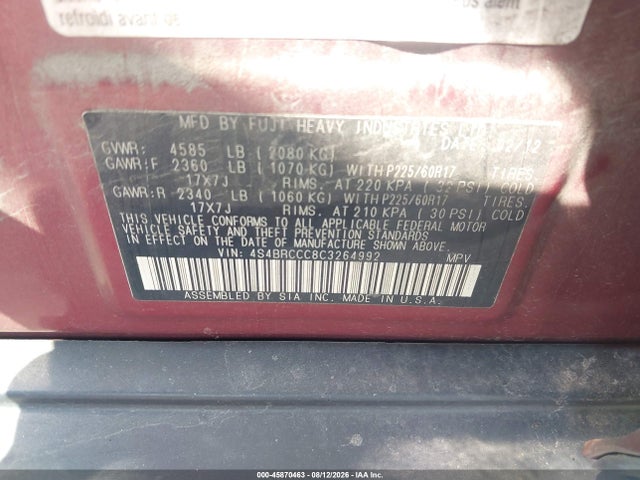 2012 Subaru Outback 2.5i Premium მანქანა იყიდება აუქციონზე, vin: 4S4BRCCC8C3264992, აუქციონის ნომერი: 45870463