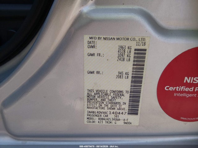 Aukcja sprzedaży 2019 Nissan Altima 2.5 Sv, vin: 1N4BL4DVXKC140447, numer aukcji: 45870470