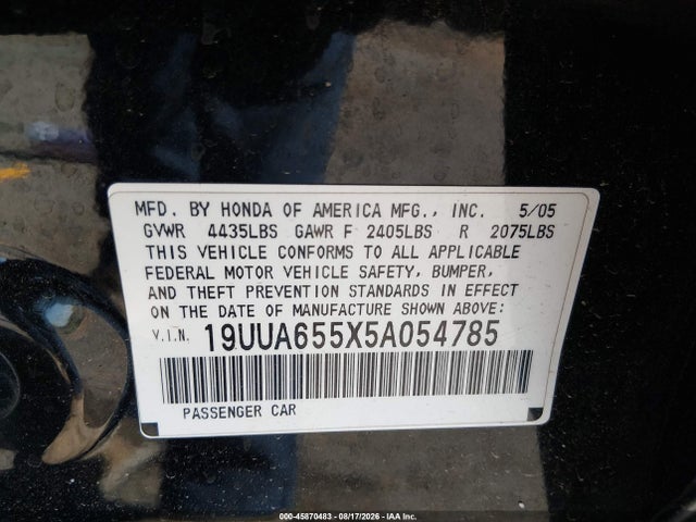 45870483 :رقم المزاد ، 19UUA655X5A054785 vin ، 2005 Acura Tl مزاد بيع