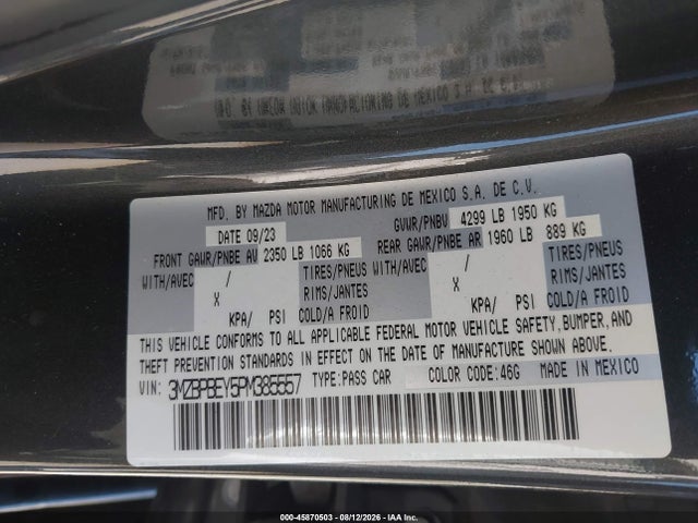 Продажа на аукционе авто 2023 Mazda Mazda3 2.5 Turbo Premium Plus, vin: 3MZBPBEY5PM385557, номер лота: 45870503