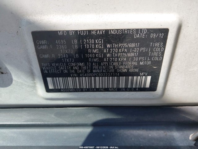 Aukcja sprzedaży 2013 Subaru Outback 3.6r Limited, vin: 4S4BRDPC9D2237114, numer aukcji: 45870507