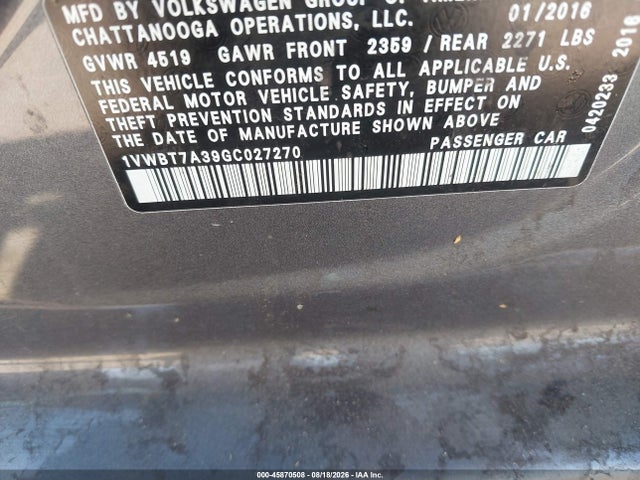 45870508 :رقم المزاد ، 1VWBT7A39GC027270 vin ، 2016 Volkswagen Passat 1.8t Se مزاد بيع