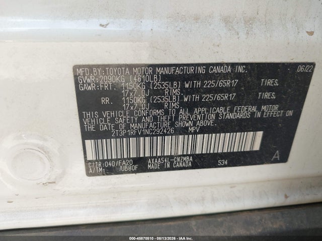 2022 Toyota Rav4 Xle მანქანა იყიდება აუქციონზე, vin: 2T3P1RFV1NC292426, აუქციონის ნომერი: 45870510