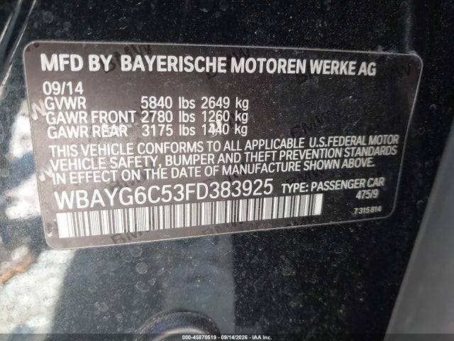 Aukcja sprzedaży 2015 Bmw 740ld Xdrive, vin: WBAYG6C53FD383925, numer aukcji: 45870519