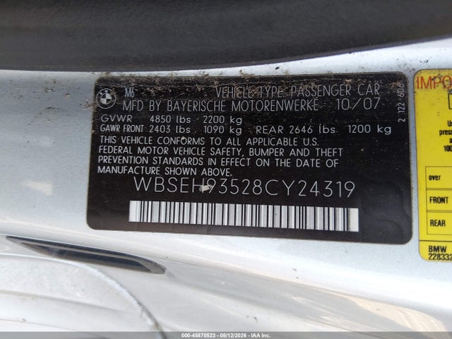 Aukcja sprzedaży 2008 Bmw M6, vin: WBSEH93528CY24319, numer aukcji: 45870523