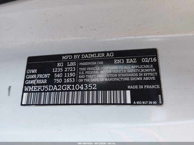 Aukcja sprzedaży 2016 Smart Fortwo Passion/prime/proxy/pure, vin: WMEFJ5DA2GK104352, numer aukcji: 45870524