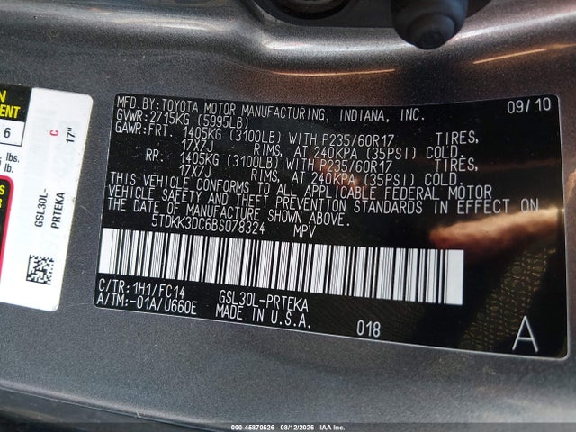 45870526 :رقم المزاد ، 5TDKK3DC6BS078324 vin ، 2011 Toyota Sienna Le V6 مزاد بيع