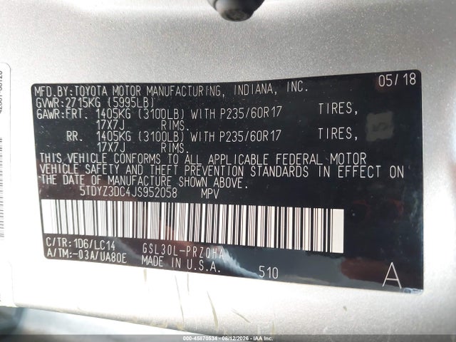 2018 Toyota Sienna Xle 8 Passenger მანქანა იყიდება აუქციონზე, vin: 5TDYZ3DC4JS952058, აუქციონის ნომერი: 45870534