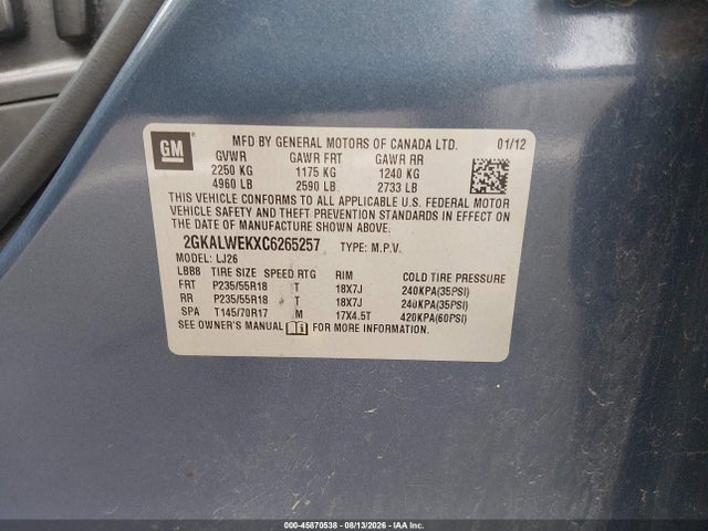 Aukcja sprzedaży 2012 Gmc Terrain Slt-2, vin: 2GKALWEKXC6265257, numer aukcji: 45870538