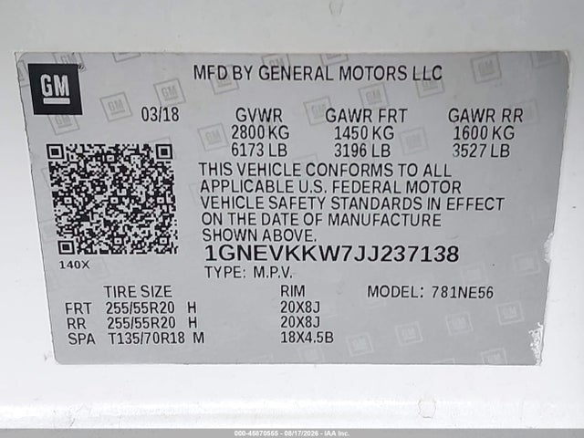 1GNEVKKW7JJ237138 Chevrolet Traverse High Country