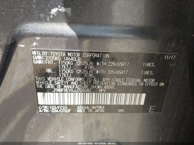 JTMRFREVXJJ726040 Toyota Rav4 Xle