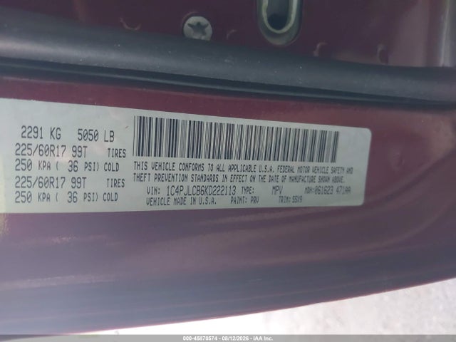 2019 Jeep Cherokee Latitude Fwd მანქანა იყიდება აუქციონზე, vin: 1C4PJLCB6KD222113, აუქციონის ნომერი: 45870574