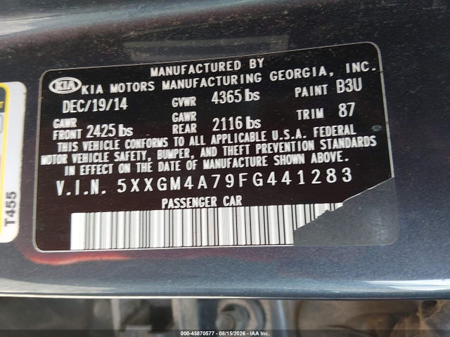 Aukcja sprzedaży 2015 Kia Optima Lx, vin: 5XXGM4A79FG441283, numer aukcji: 45870577