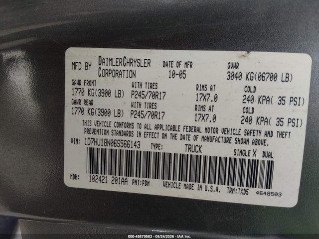 45870583 :رقم المزاد ، 1D7HU18N06S566143 vin ، 2006 Dodge Ram 1500 St مزاد بيع