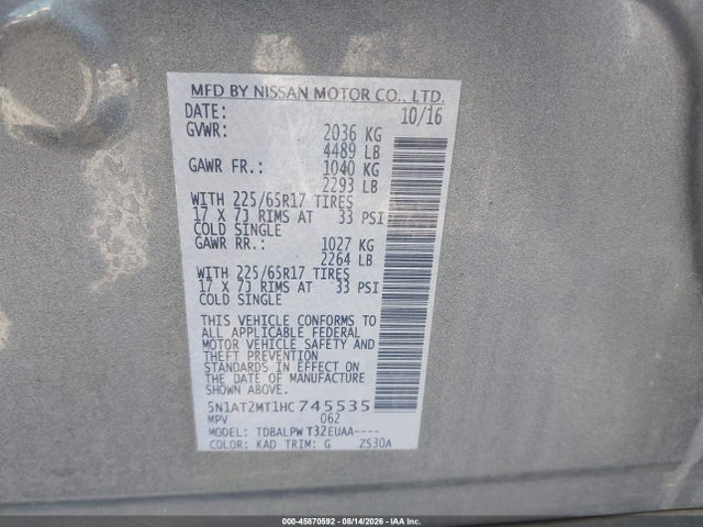 45870592 :رقم المزاد ، 5N1AT2MT1HC745535 vin ، 2017 Nissan Rogue S مزاد بيع