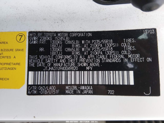 45870593 :رقم المزاد ، JTJHA31U940049820 vin ، 2004 Lexus Rx 330 مزاد بيع