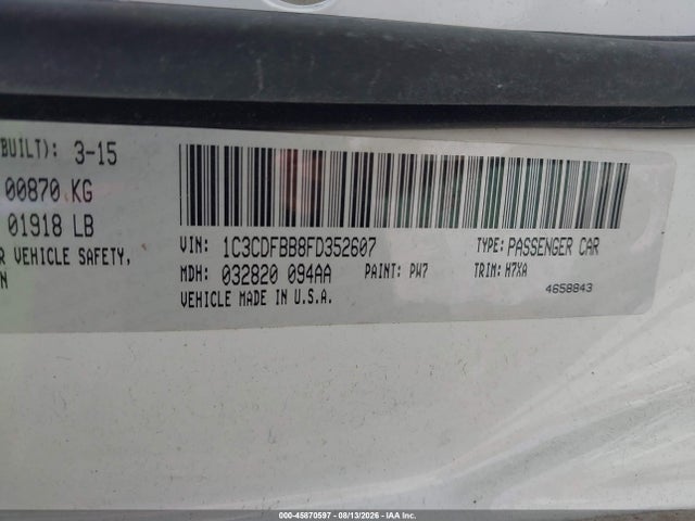 Aukcja sprzedaży 2015 Dodge Dart Sxt, vin: 1C3CDFBB8FD352607, numer aukcji: 45870597