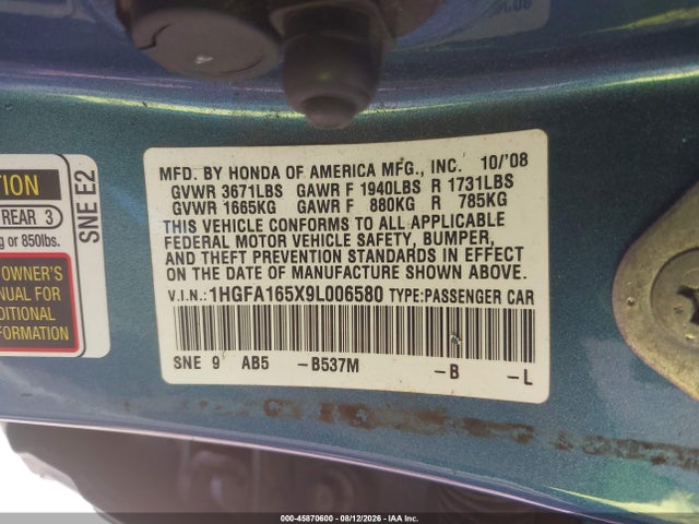 45870600 :رقم المزاد ، 1HGFA165X9L006580 vin ، 2009 Honda Civic Lx مزاد بيع