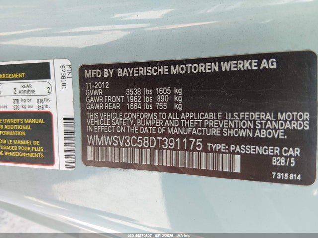 Продаж на аукціоні авто 2013 Mini Hardtop Cooper S, vin: WMWSV3C58DT391175, номер лоту: 45870607
