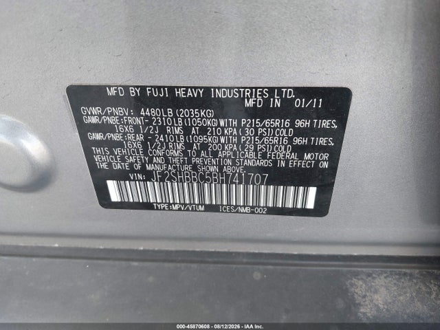45870608 :رقم المزاد ، JF2SHBBC5BH741707 vin ، 2011 Subaru Forester 2.5x مزاد بيع