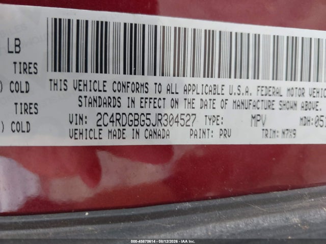 2018 Dodge Grand Caravan Se Plus მანქანა იყიდება აუქციონზე, vin: 2C4RDGBG5JR304527, აუქციონის ნომერი: 45870614