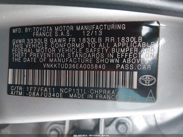 VNKKTUD36EA005840 Toyota Yaris L (tmmf Plant)
