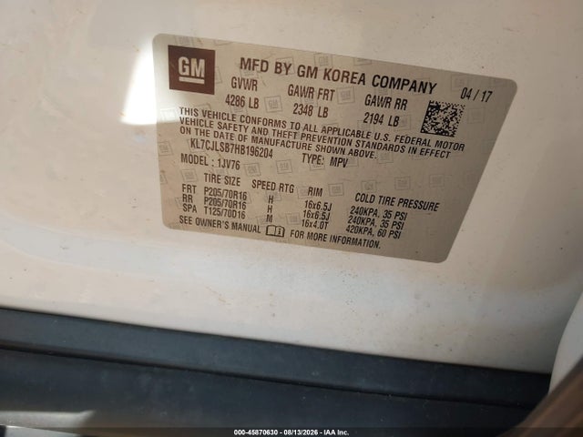 45870630 :رقم المزاد ، KL7CJLSB7HB196204 vin ، 2017 Chevrolet Trax Lt مزاد بيع