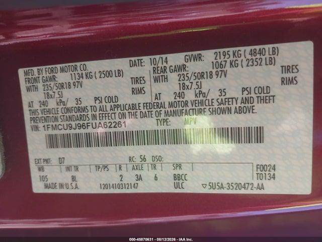 1FMCU9J96FUA62261 Ford Escape Titanium