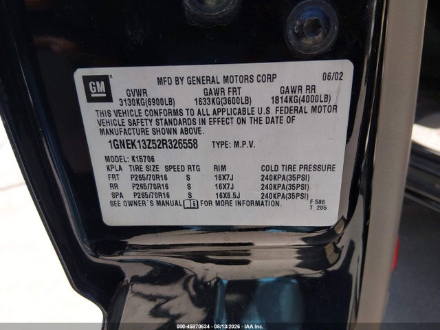 45870634 :رقم المزاد ، 1GNEK13Z52R326558 vin ، 2002 Chevrolet Tahoe Lt مزاد بيع