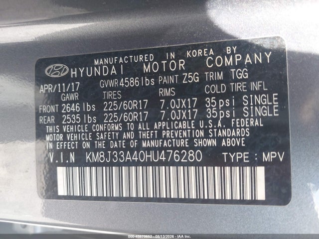 45870652 :رقم المزاد ، KM8J33A40HU476280 vin ، 2017 Hyundai Tucson Se مزاد بيع